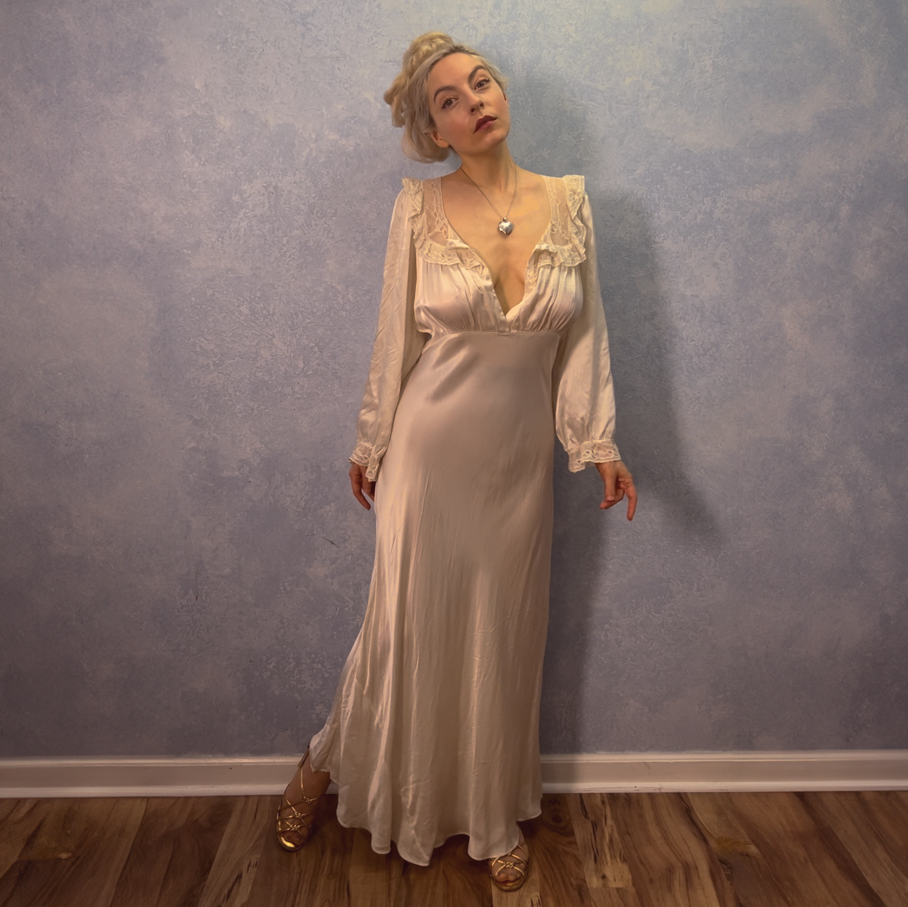 1940's Ivory Liquid Satin Silk & Lace Gown