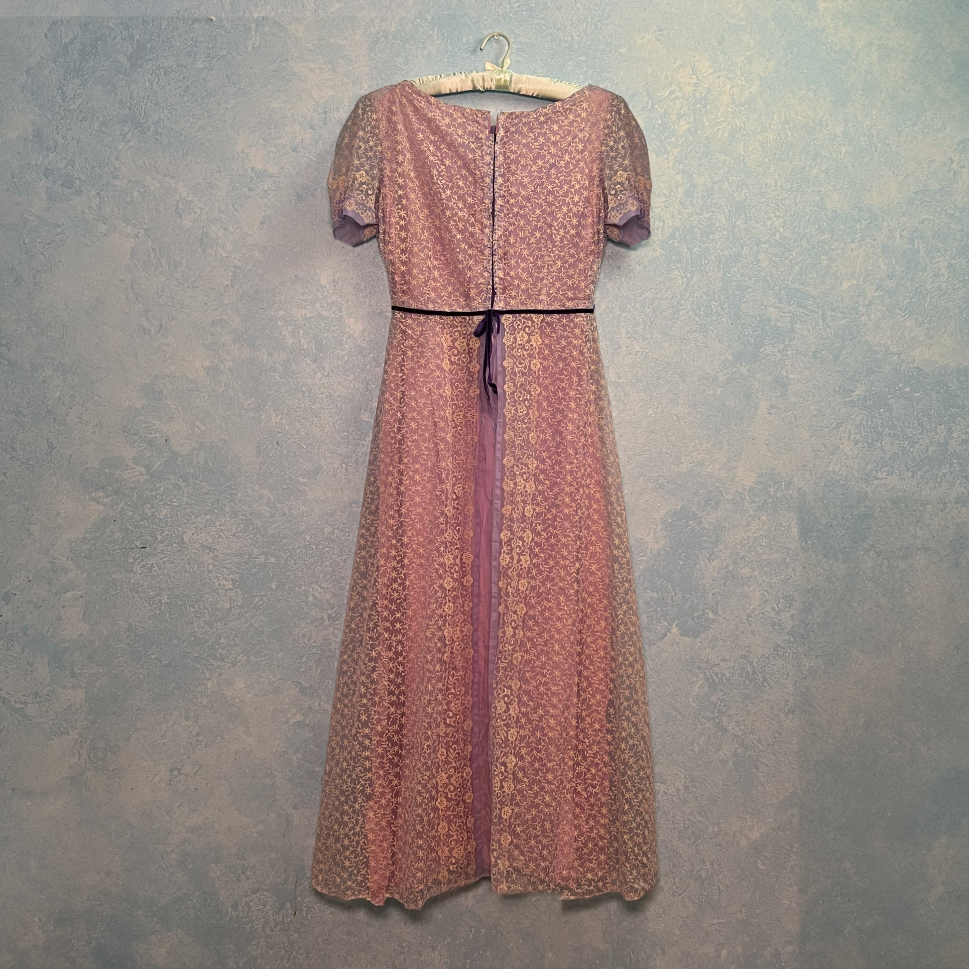 1940's Handmade Lavender Flocked Organza Gown & Matching Hairpiece
