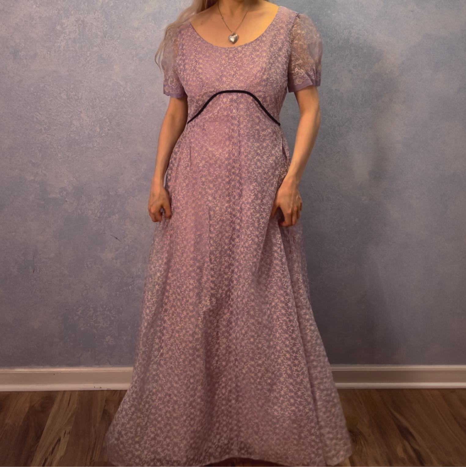 1940's Handmade Lavender Flocked Organza Gown & Matching Hairpiece