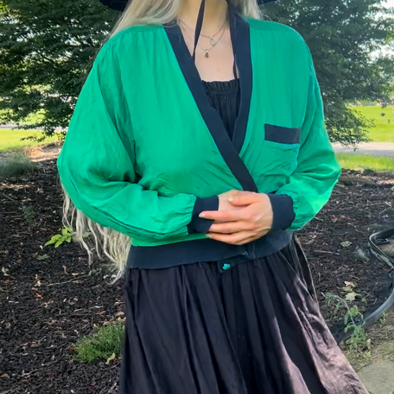 Green Silk Varsity Cardigan