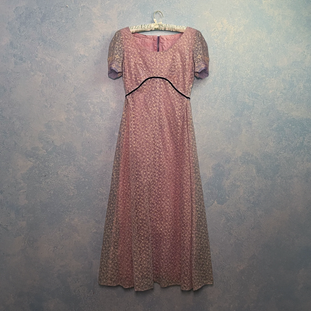 1940's Handmade Lavender Flocked Organza Gown & Matching Hairpiece