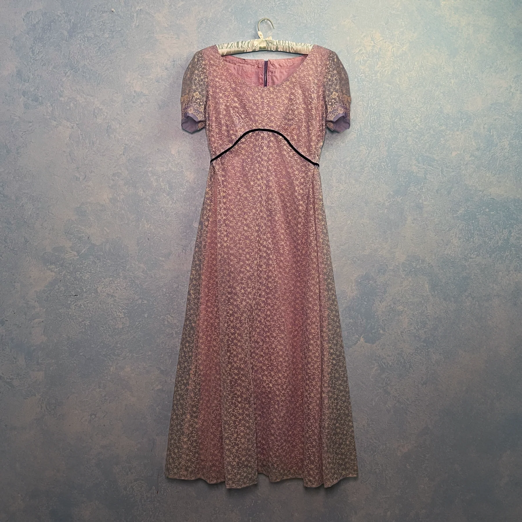 1940's Handmade Lavender Flocked Organza Gown & Matching Hairpiece
