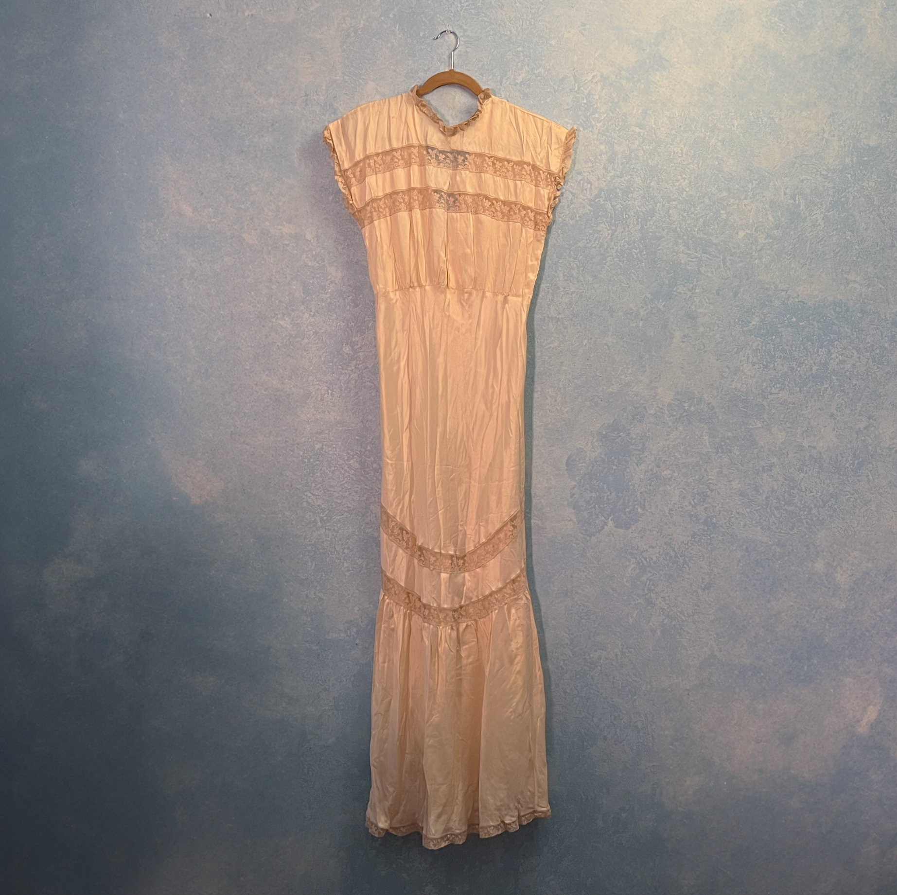 1930s Antique Lace Paneled Full Length Silk Gown