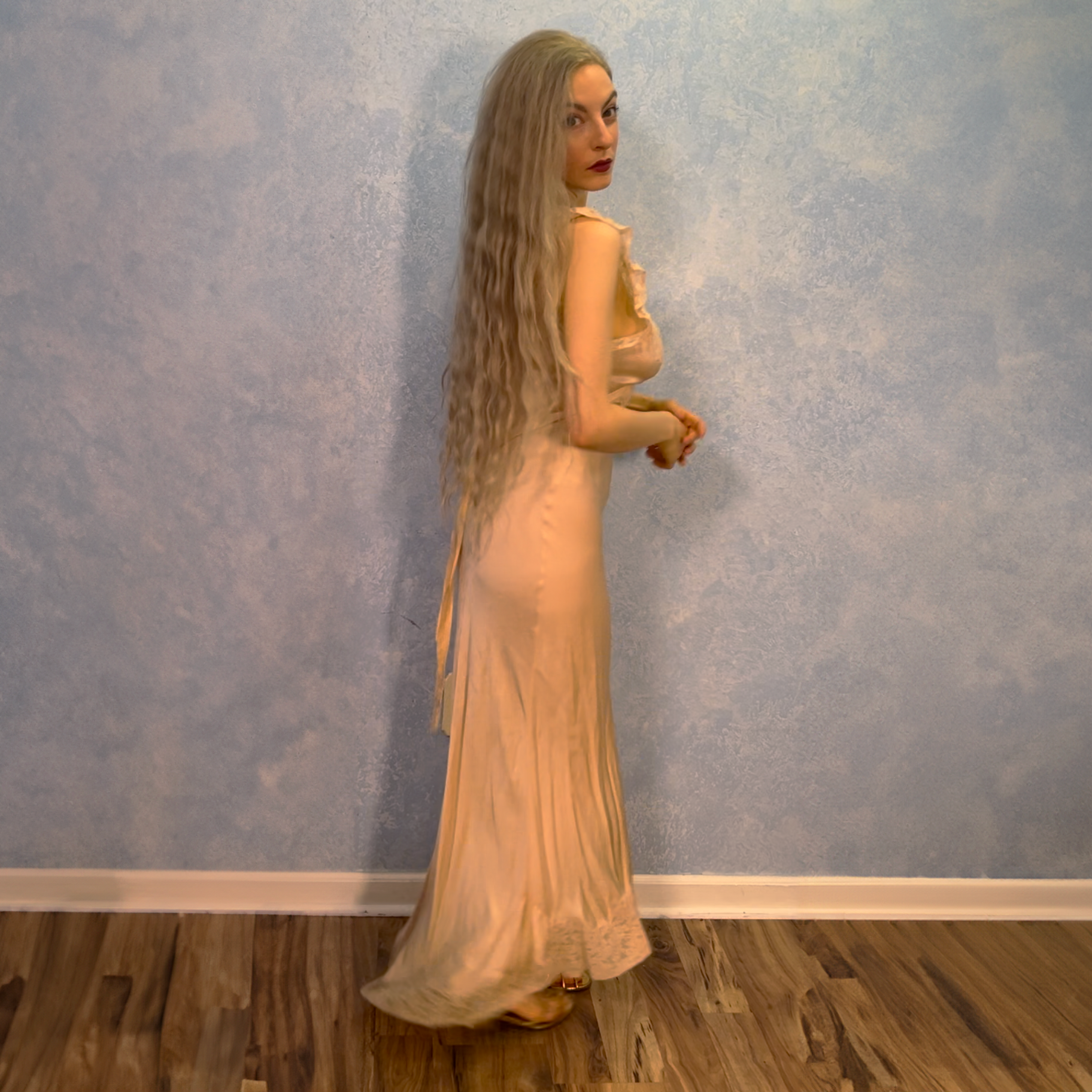 1930s Beige Silk & Lace Bias Cut Gown