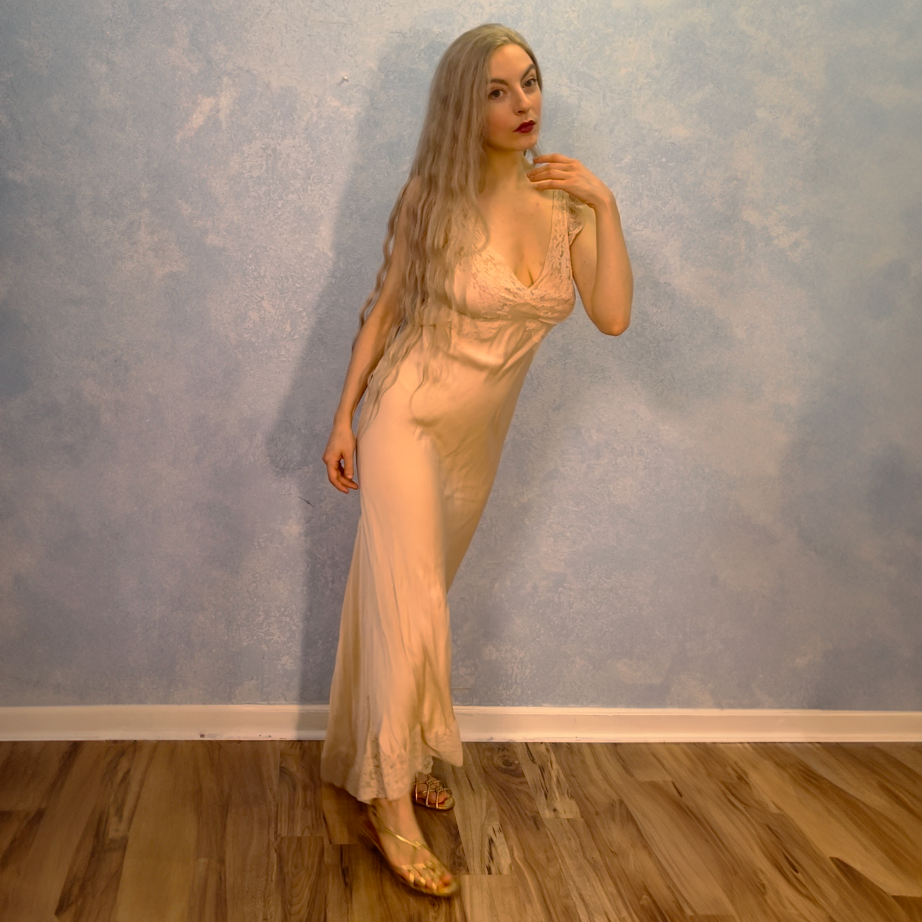 1930s Beige Silk & Lace Bias Cut Gown
