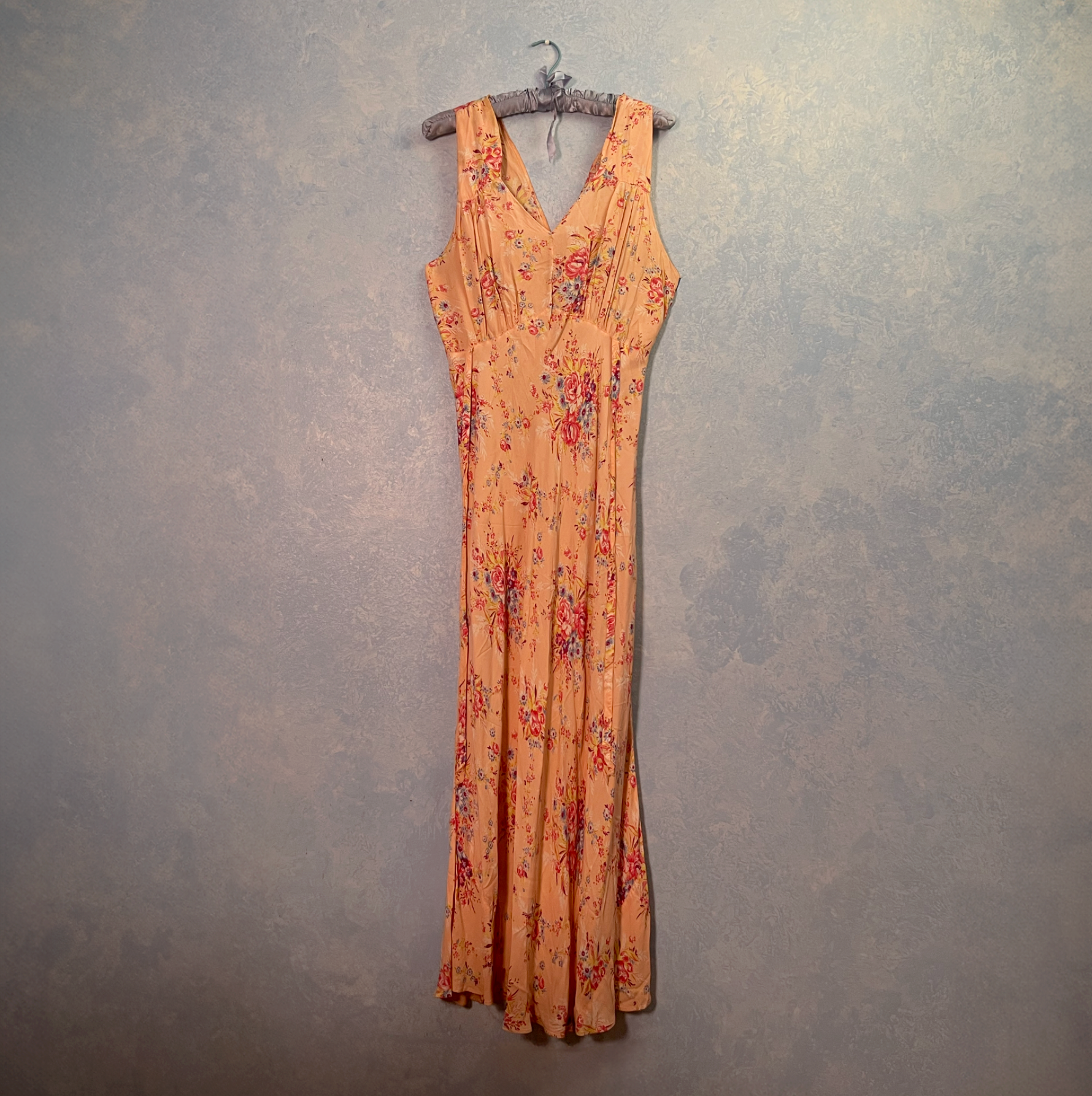1930s Pink Floral Rayon Bias Cut Gown