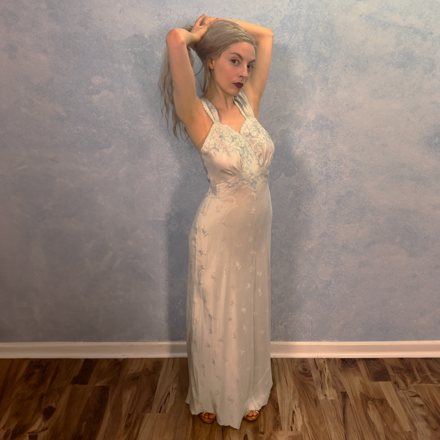 1930s Ice Blue Embroidered Bias Cut Gown