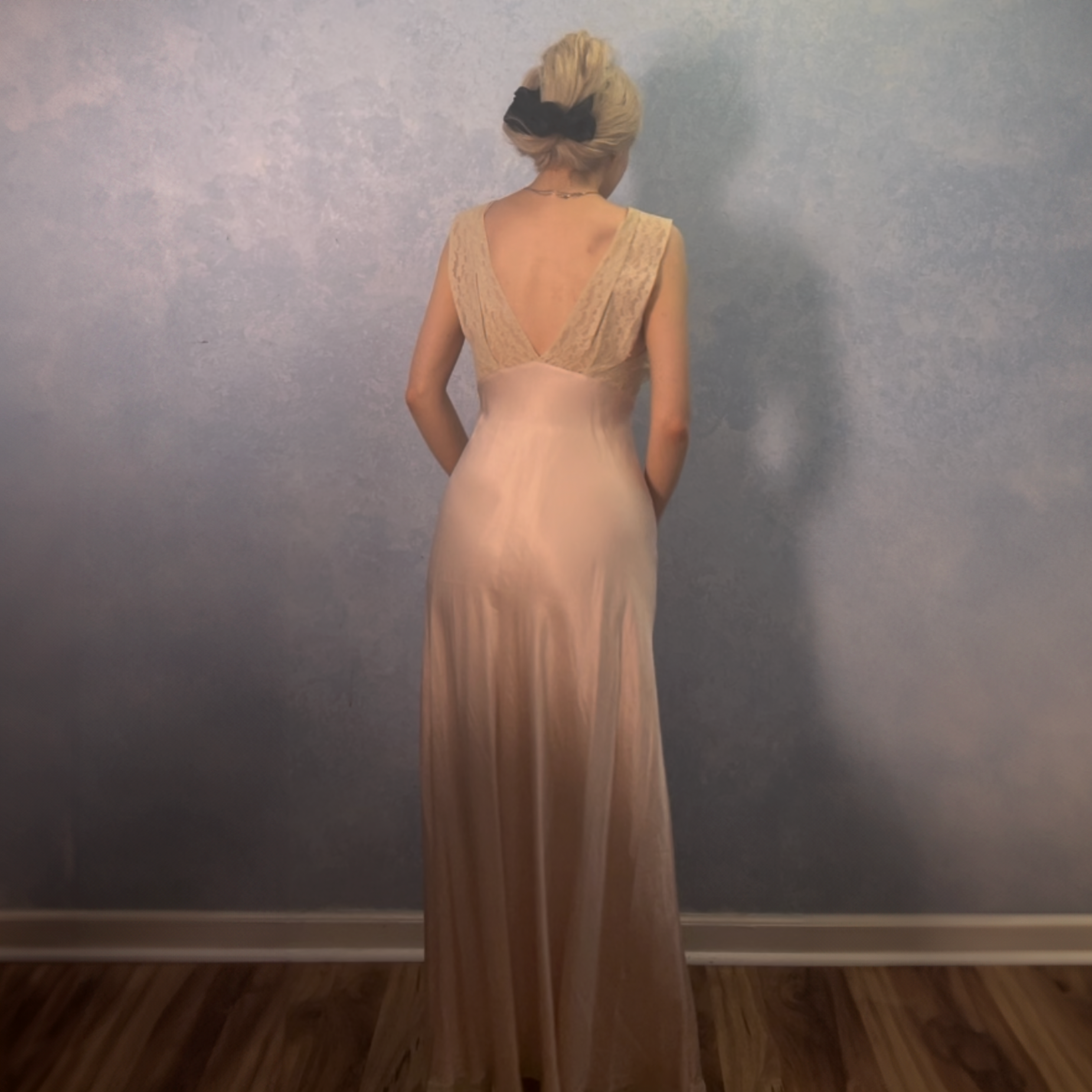 1930s Light Pink Silk Satin & Antique Lace Full Length Gown