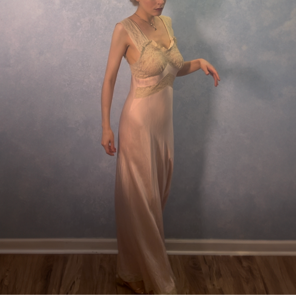 1930s Light Pink Silk Satin & Antique Lace Full Length Gown
