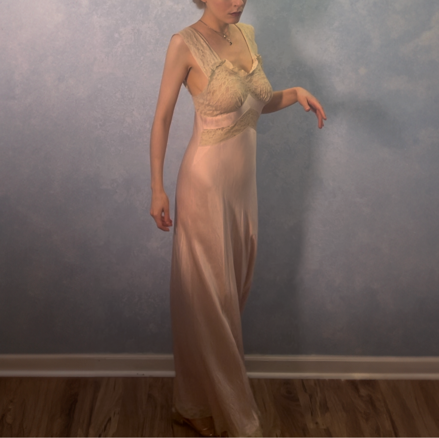 1930s Light Pink Silk Satin & Antique Lace Full Length Gown