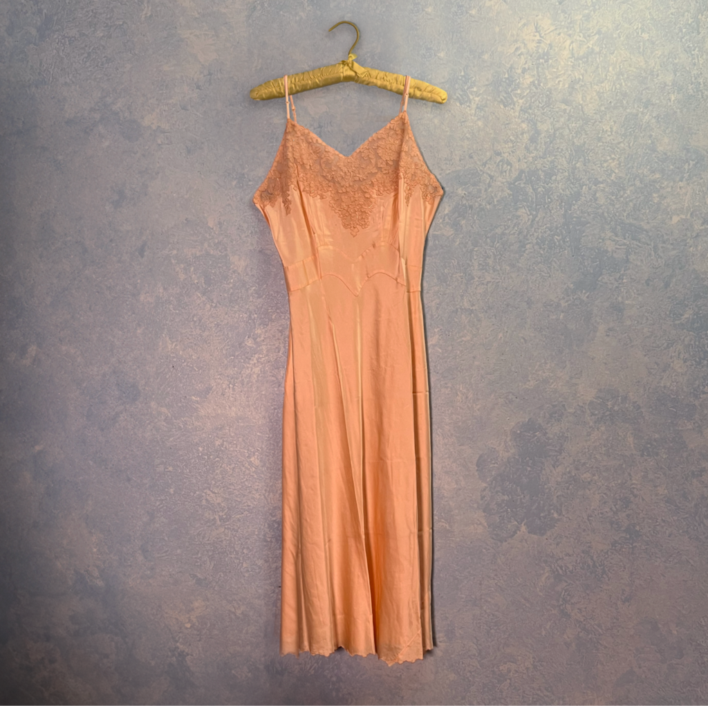 Antique Pale Pink Liquid Satin Embroidered Bias Cut Gown