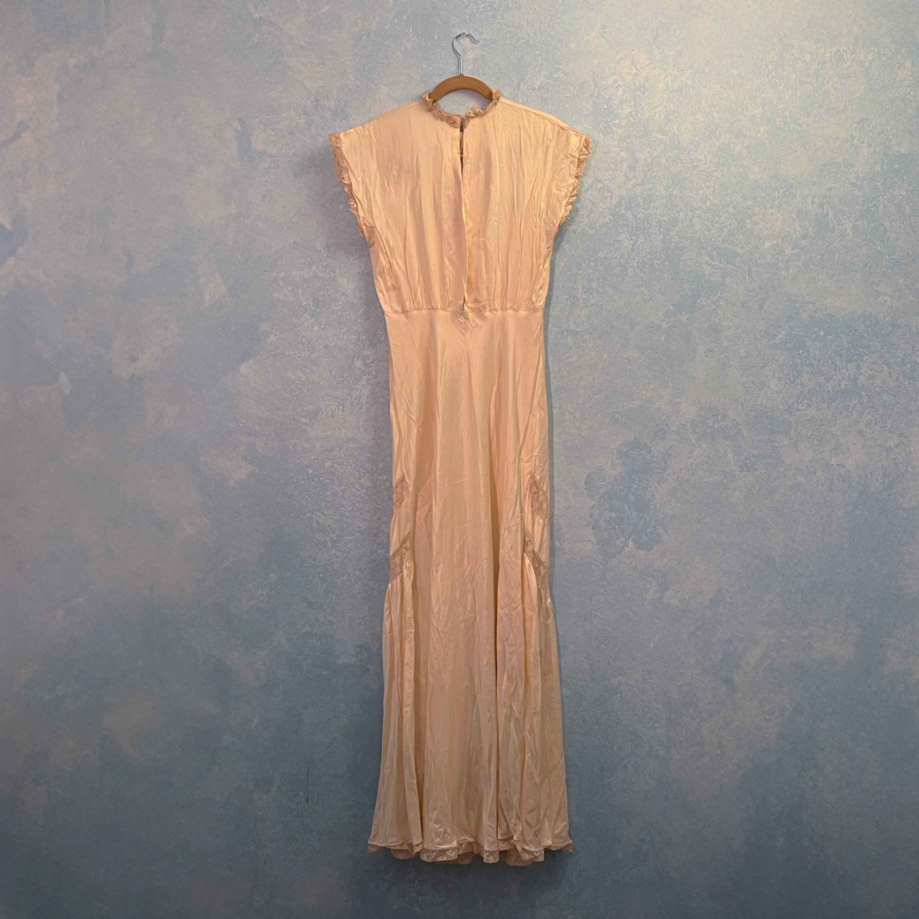 1930s Antique Lace Paneled Full Length Silk Gown