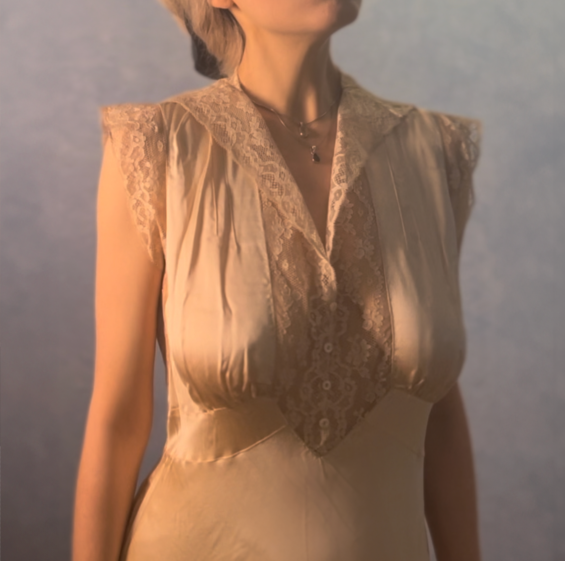 1940s Silk Candlelight Lace-Collared Gown