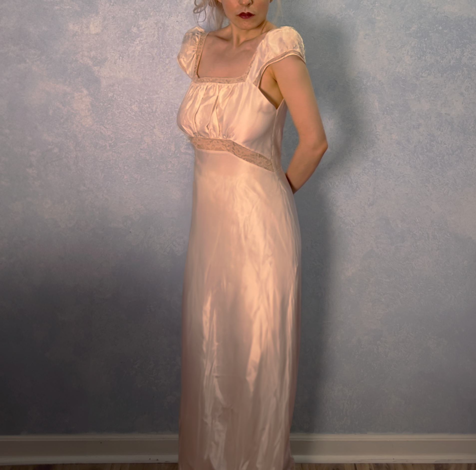 1930s Ivory and Lace Satin Cap Sleeve Gown