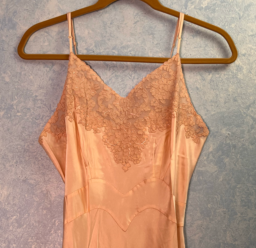 Antique Pale Pink Liquid Satin Embroidered Bias Cut Gown