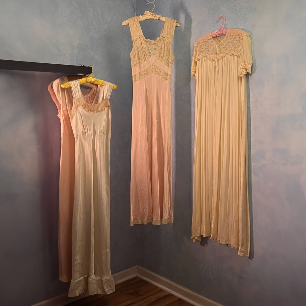 1930s Light Pink Silk Satin & Antique Lace Full Length Gown
