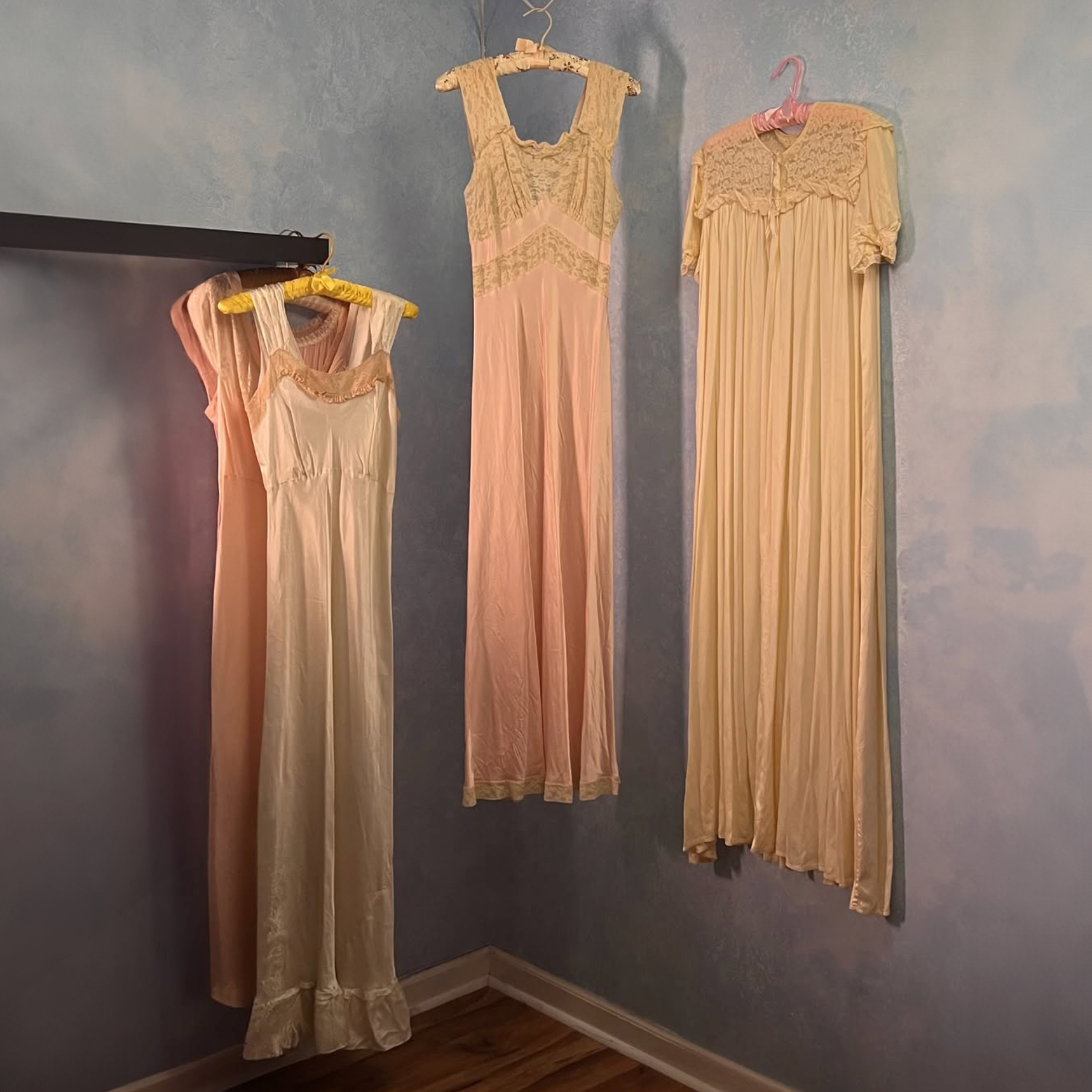 1930s Light Pink Silk Satin & Antique Lace Full Length Gown