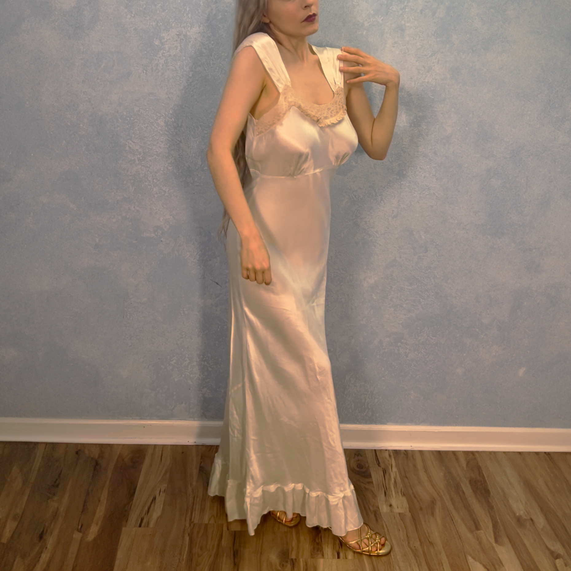 1940s Silk Ivory & Lace Full Length Gown