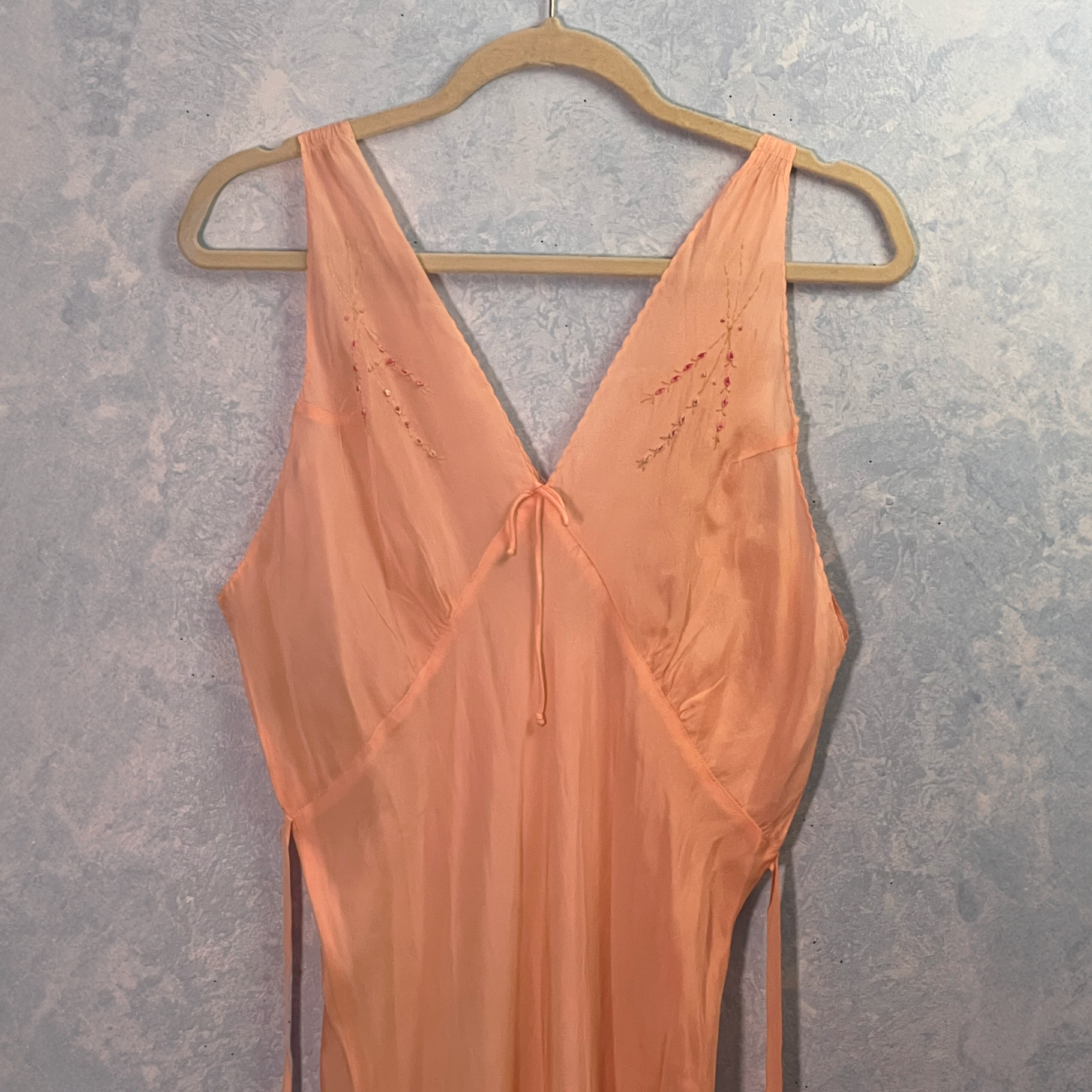 1940s Pink Silk Full Length Gown w/ Embroidered Flourishes