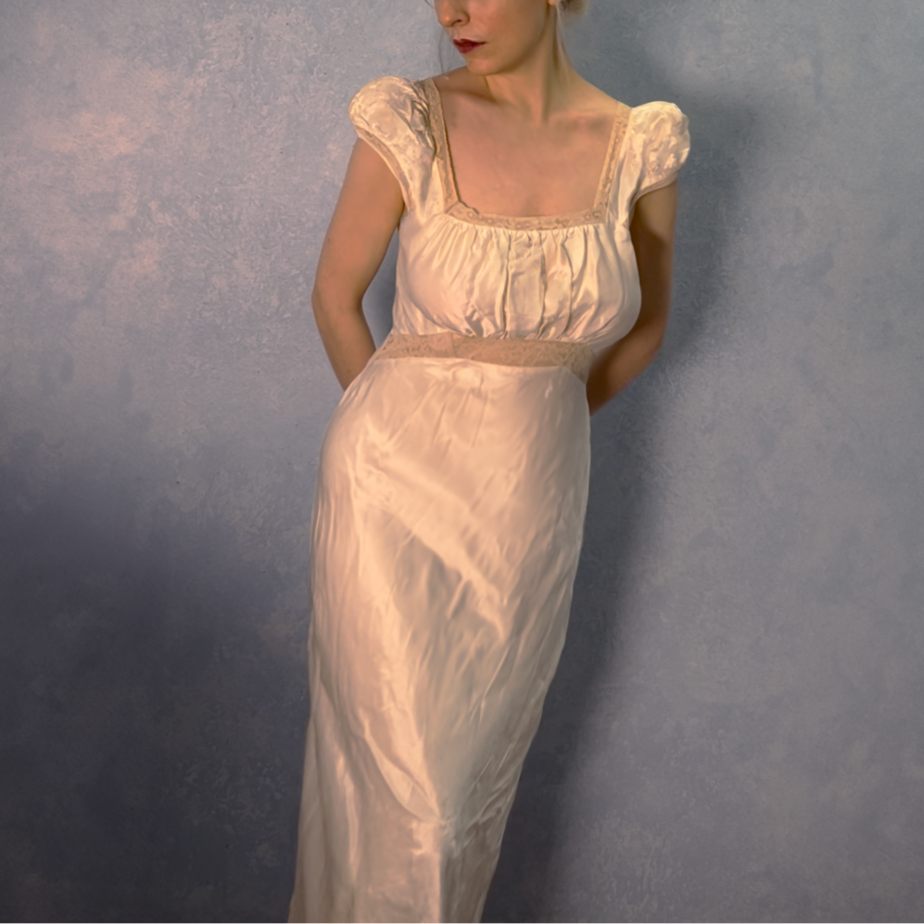 1930s Ivory and Lace Satin Cap Sleeve Gown