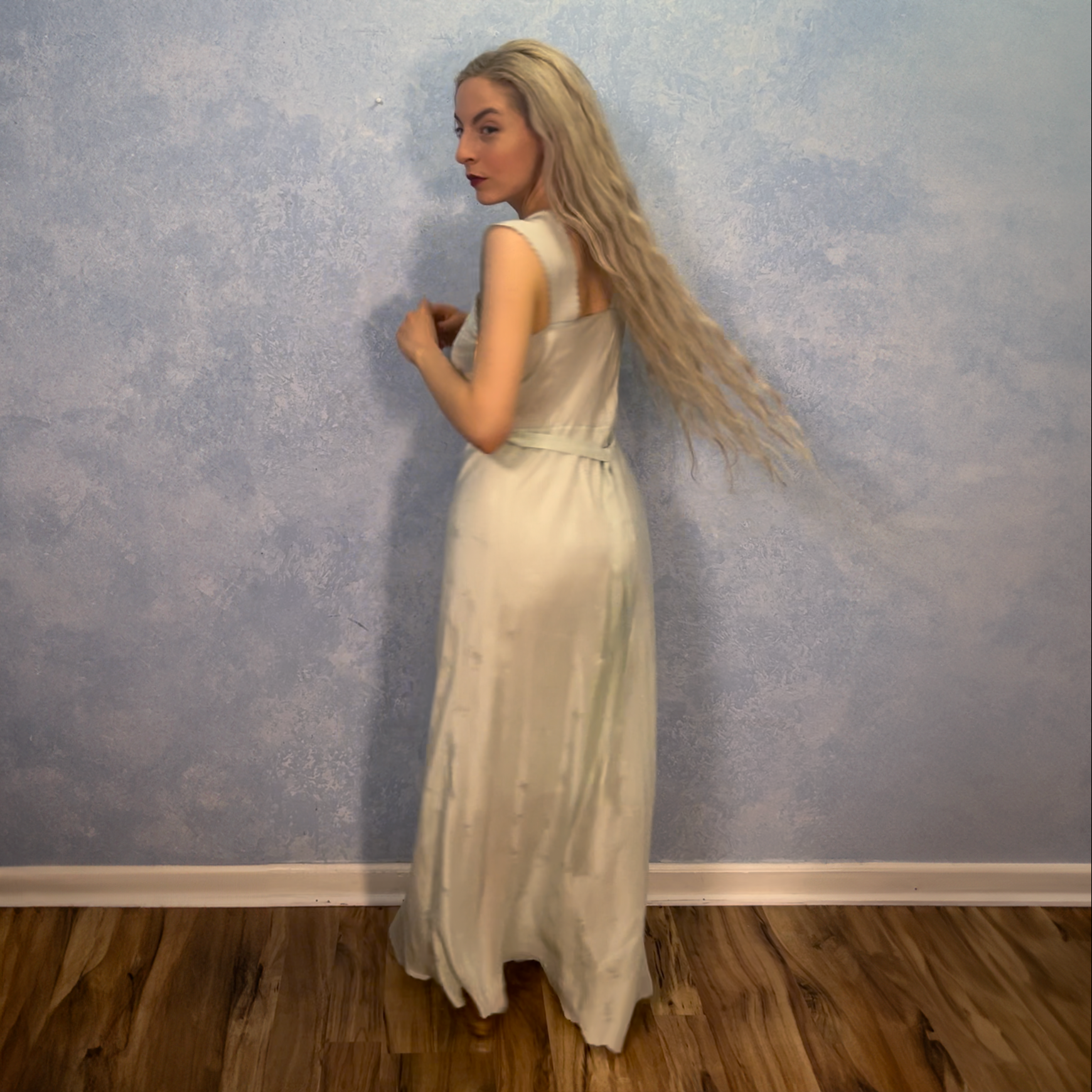 1930s Ice Blue Embroidered Bias Cut Gown
