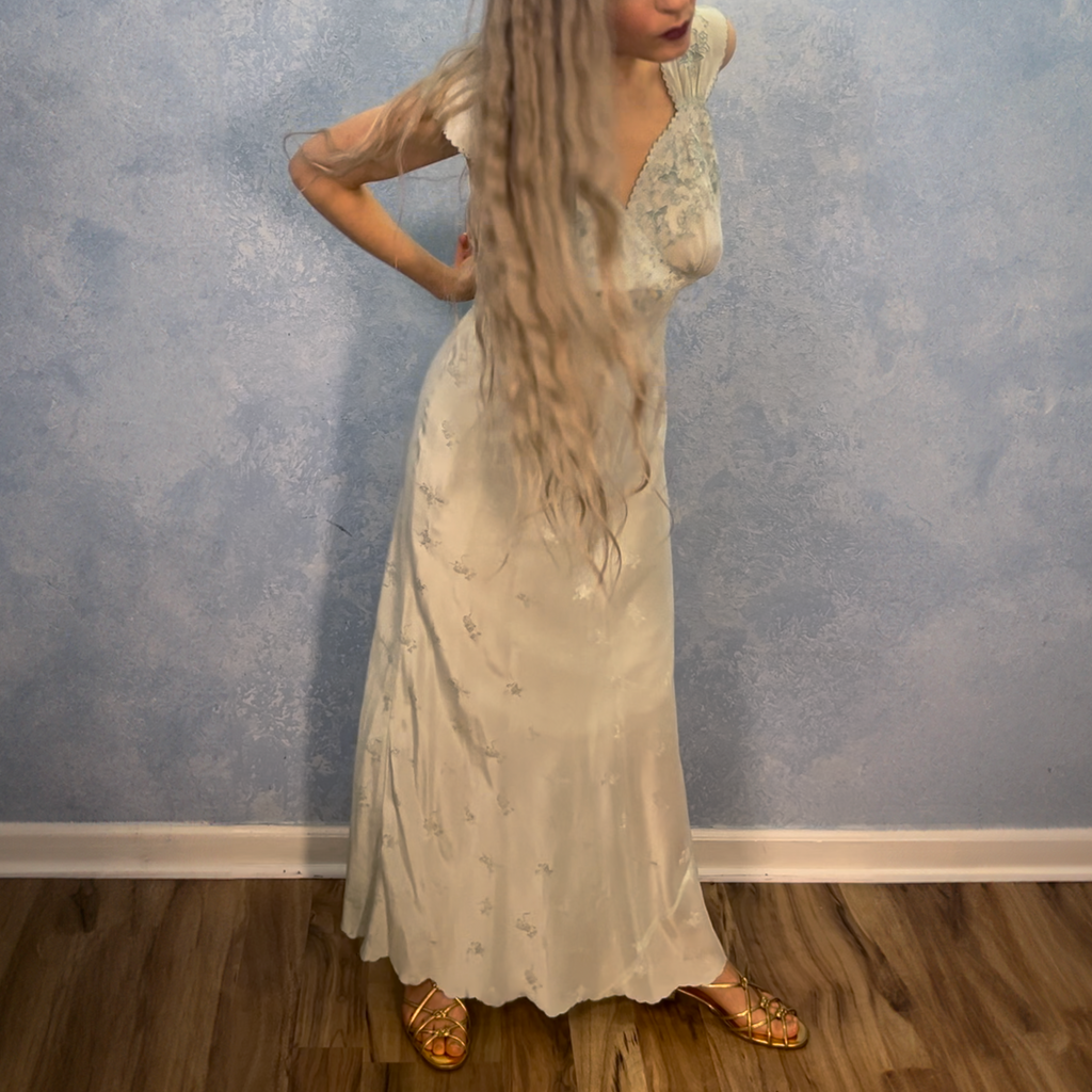 1930s Ice Blue Embroidered Bias Cut Gown