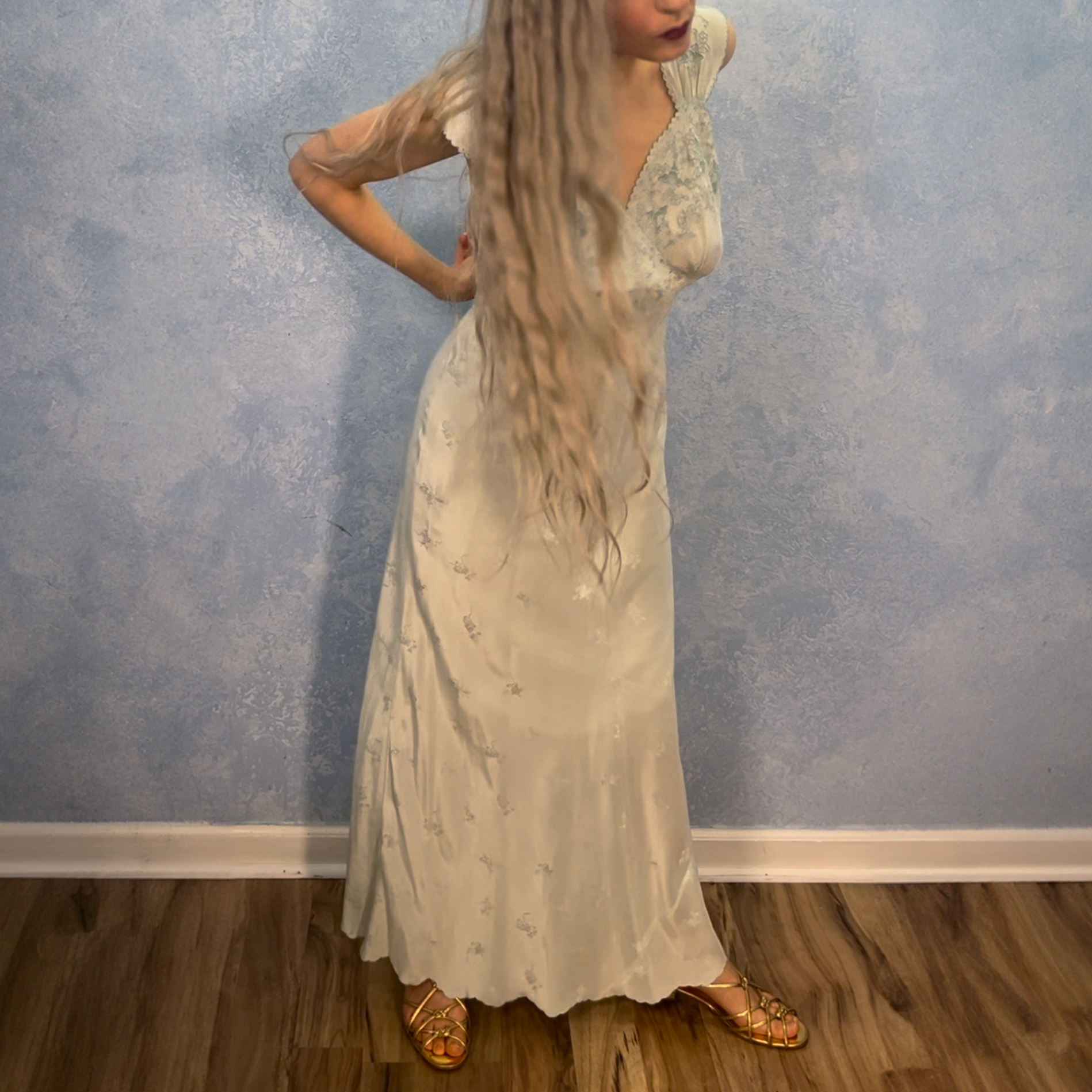 1930s Ice Blue Embroidered Bias Cut Gown