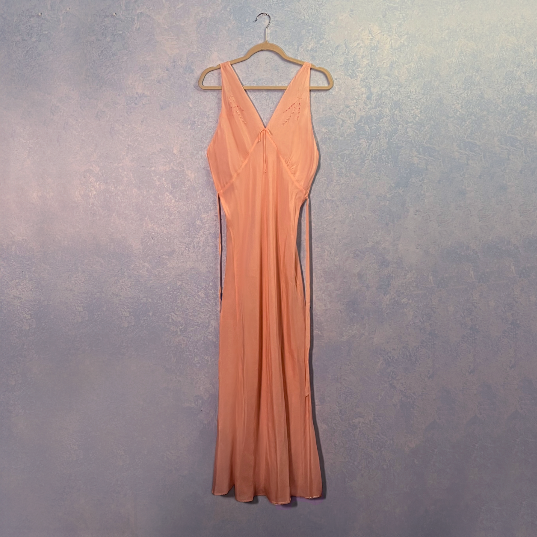 1940s Pink Silk Full Length Gown w/ Embroidered Flourishes