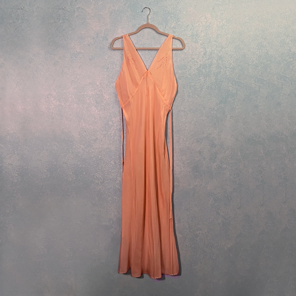 1940s Pink Silk Full Length Gown w/ Embroidered Flourishes