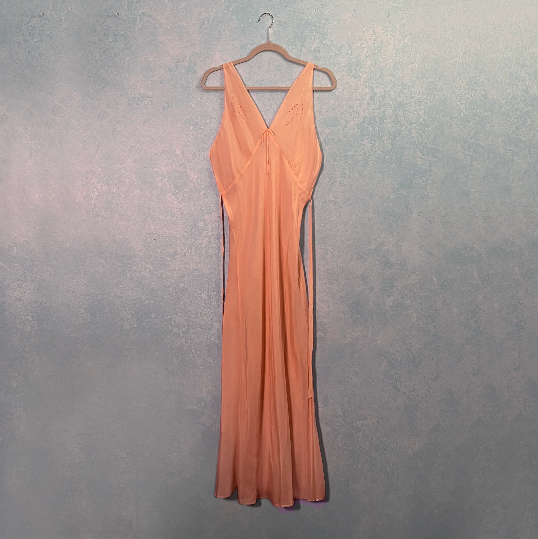 1940s Pink Silk Full Length Gown w/ Embroidered Flourishes