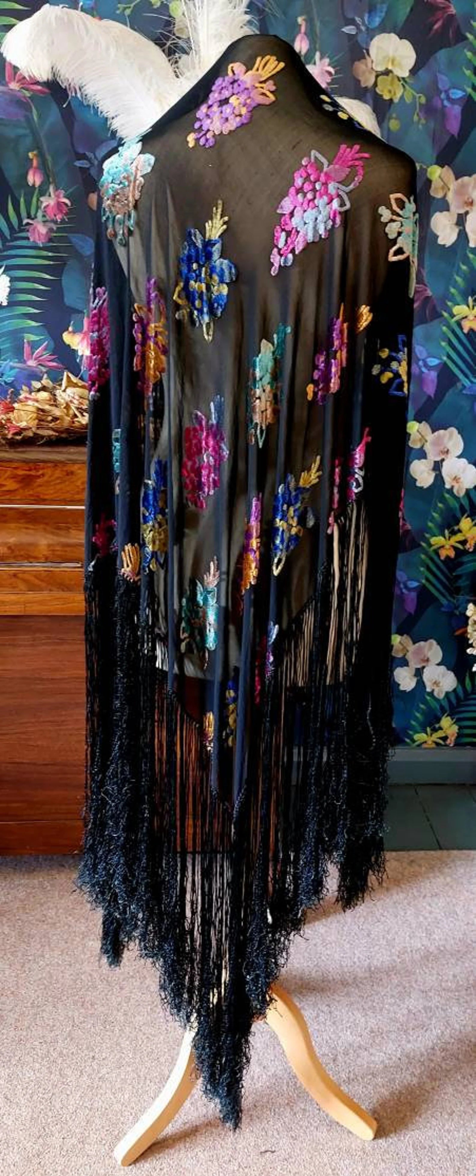 1930's Devoré Velvet Silk Chiffon Burnout Velvet Piano Shawl