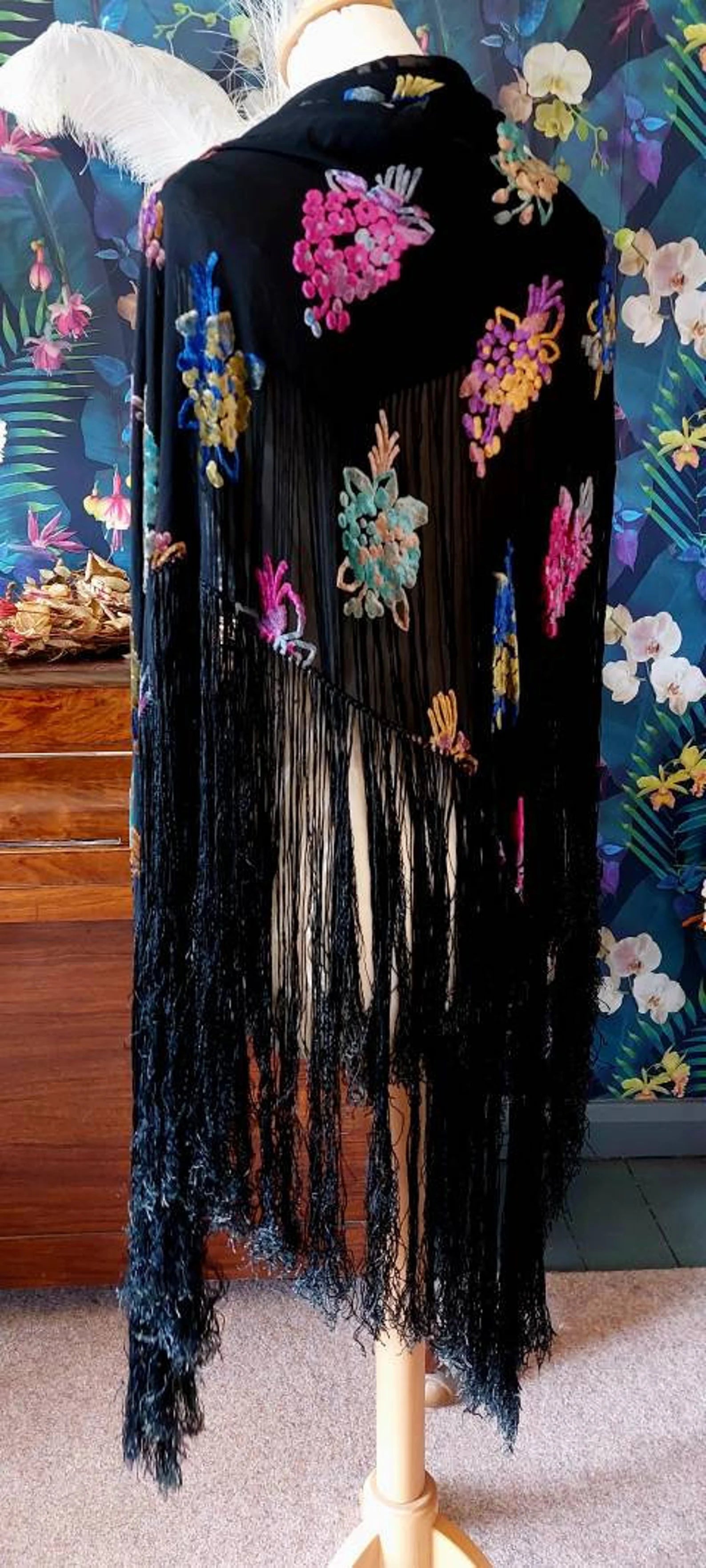 1930's Devoré Velvet Silk Chiffon Burnout Velvet Piano Shawl