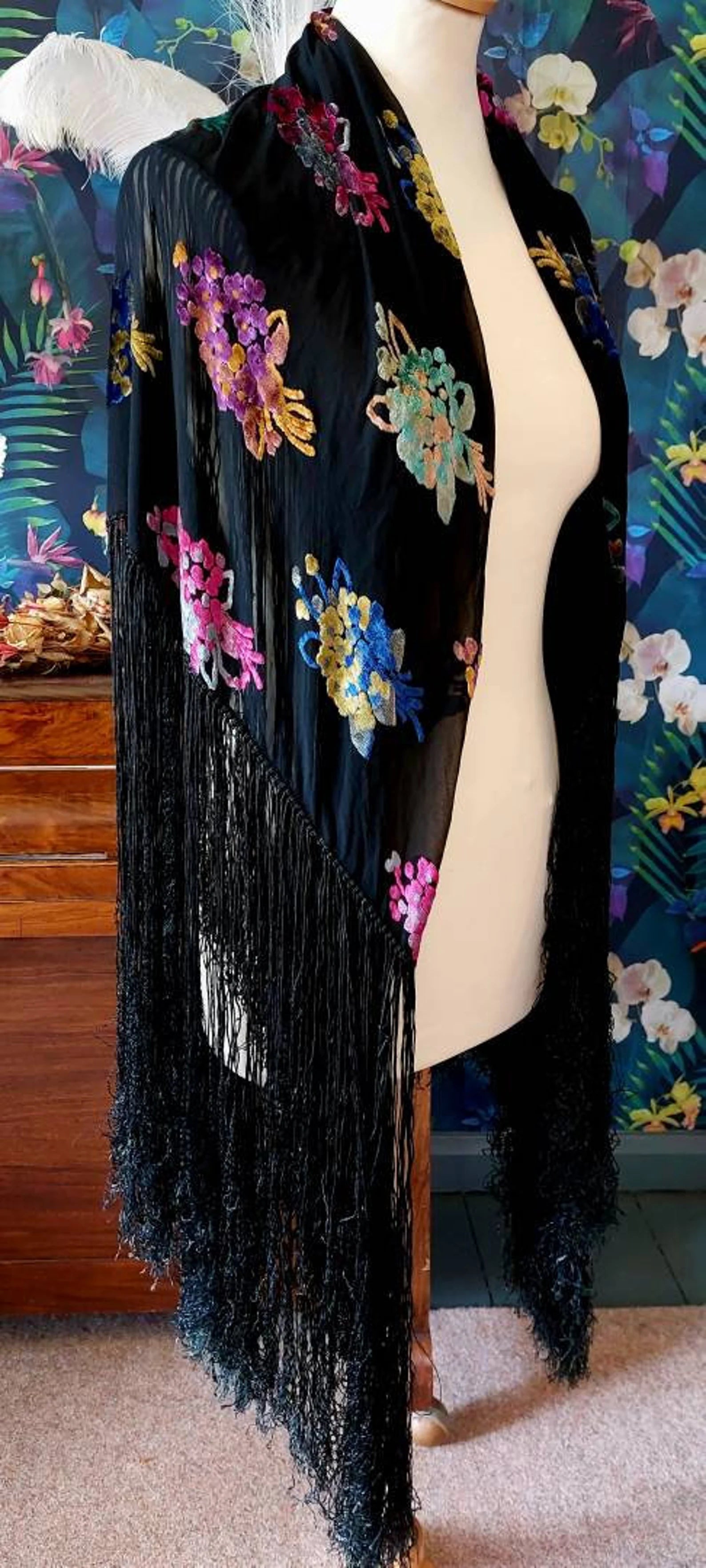 1930's Devoré Velvet Silk Chiffon Burnout Velvet Piano Shawl