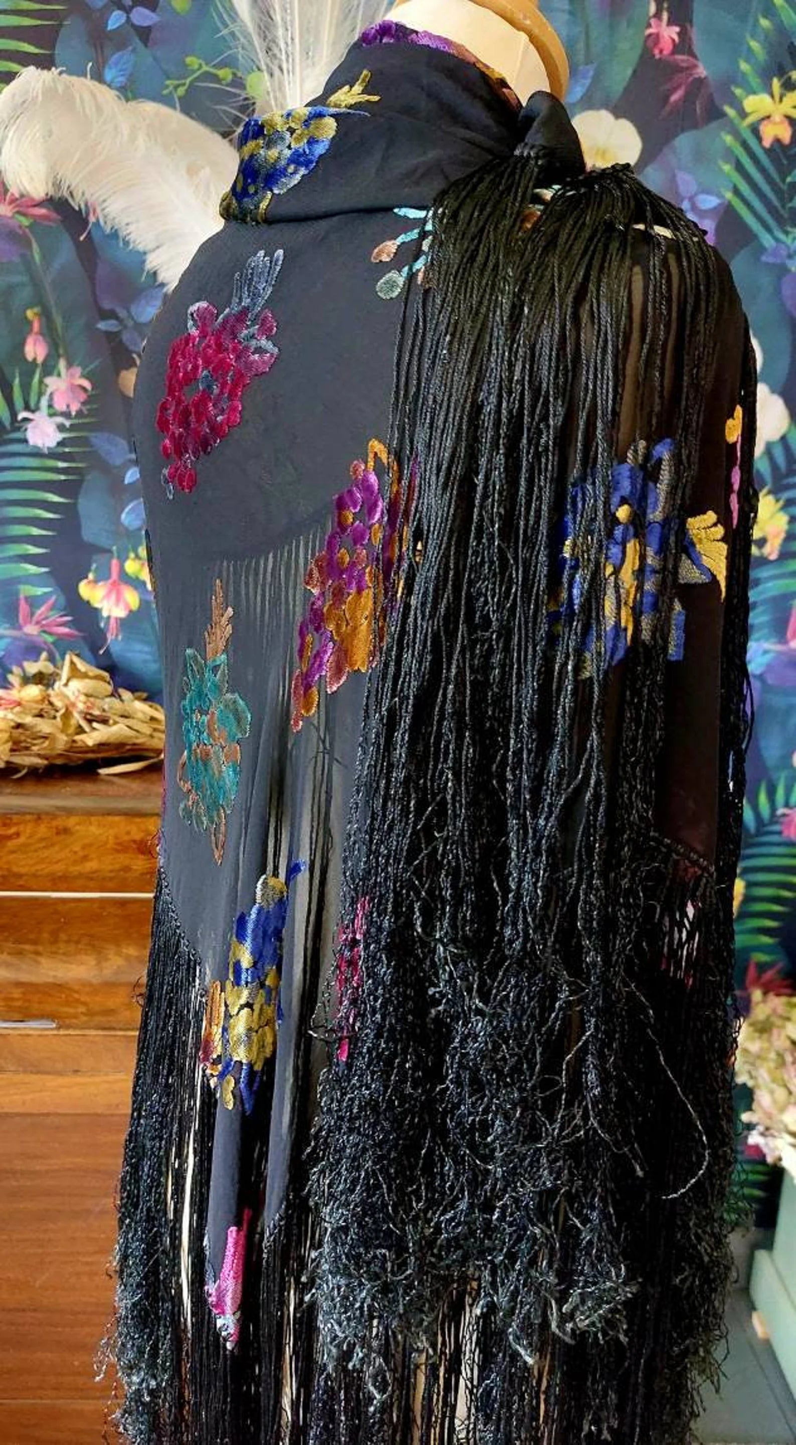 1930's Devoré Velvet Silk Chiffon Burnout Velvet Piano Shawl