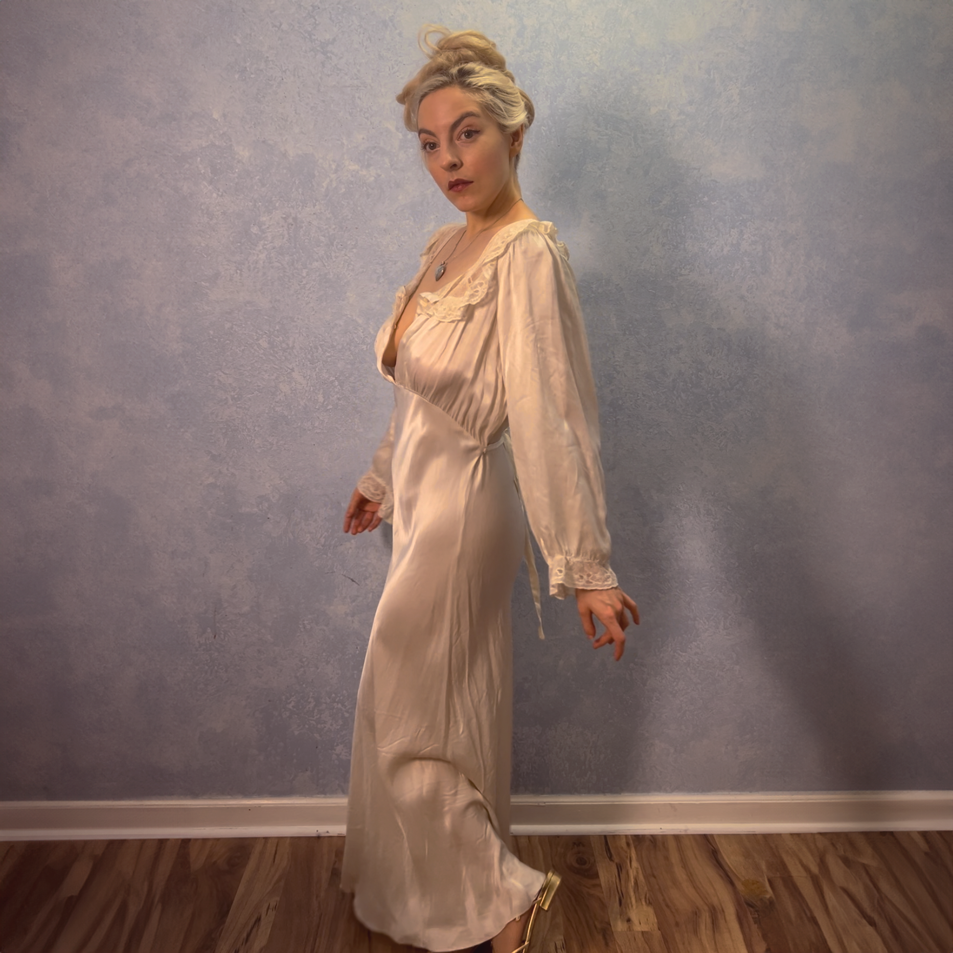1940's Ivory Liquid Satin Silk & Lace Gown
